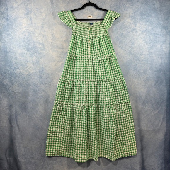 Old Navy Dresses & Skirts - Old Navy Womens Green Gingham Smocked Tiered Midi Dress Flutter Sleeve Medium